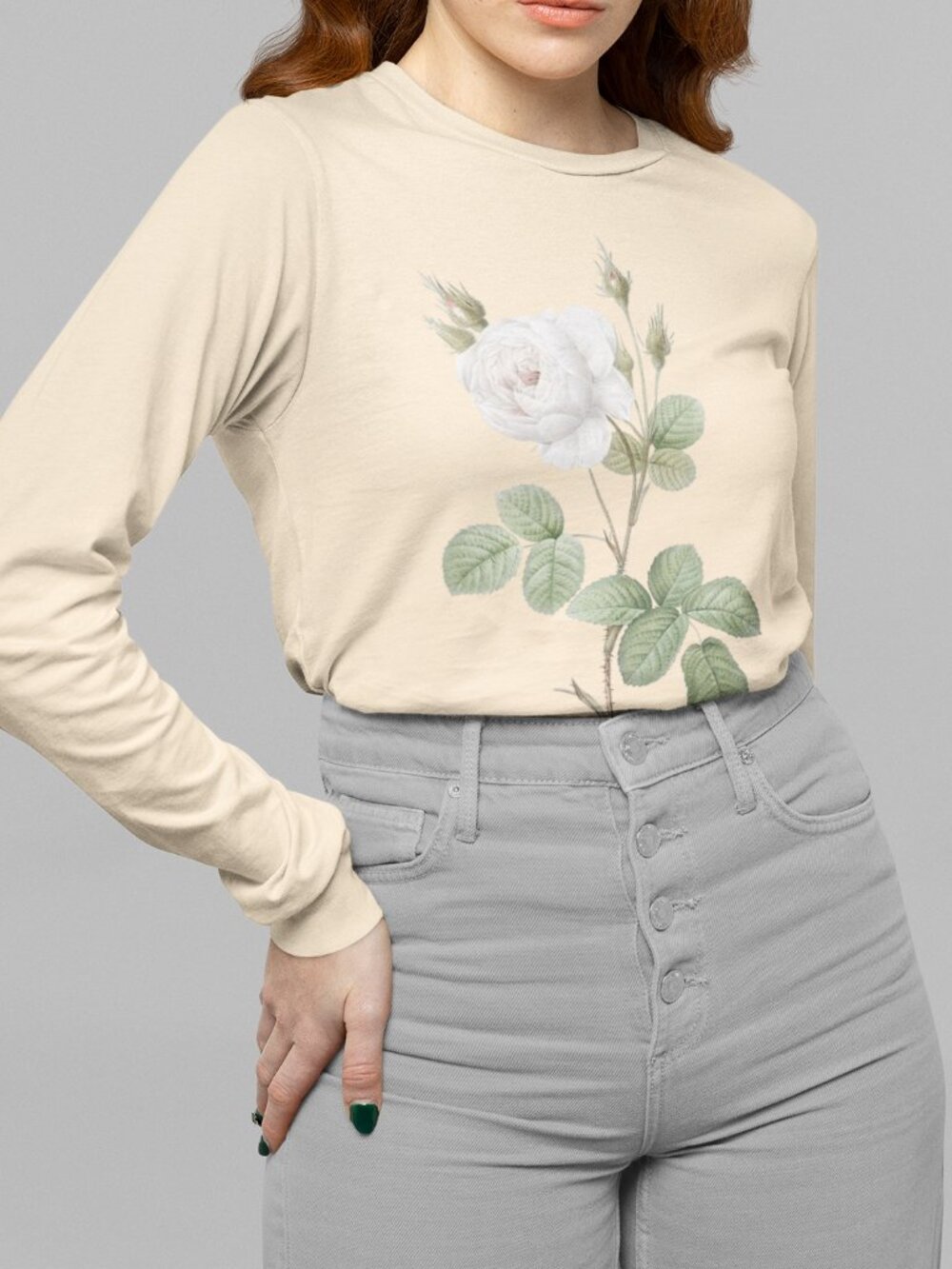 White Moss Rose Vintage Floral Print Long Sleeve Graphic Tee T-shirt S-XXL